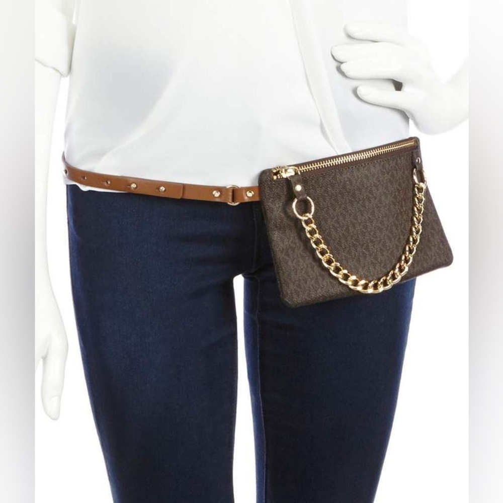 NWT Michael Kors Signature Monogram Acorn/Gold Chain Leather Fanny Pack